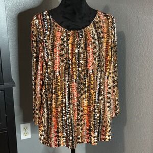 TanJay Tunic Top XL Abstract Animal Print Brown Orange Long Sleeve Boho